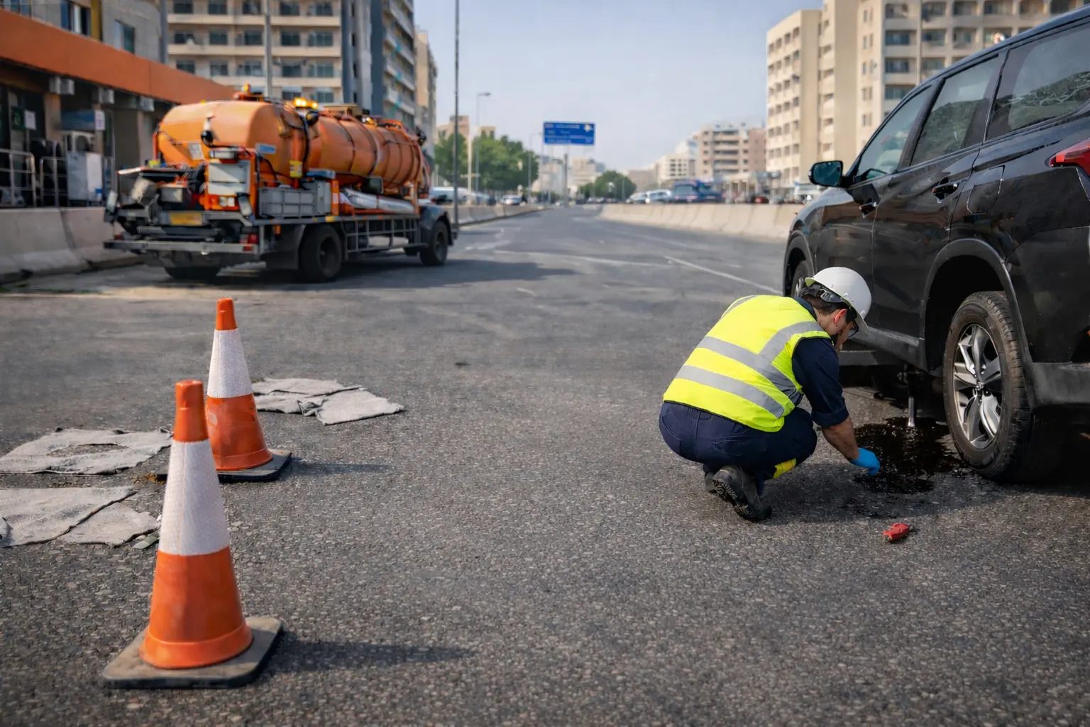 Mechanic inspecting an oil leak under a car in Dubai