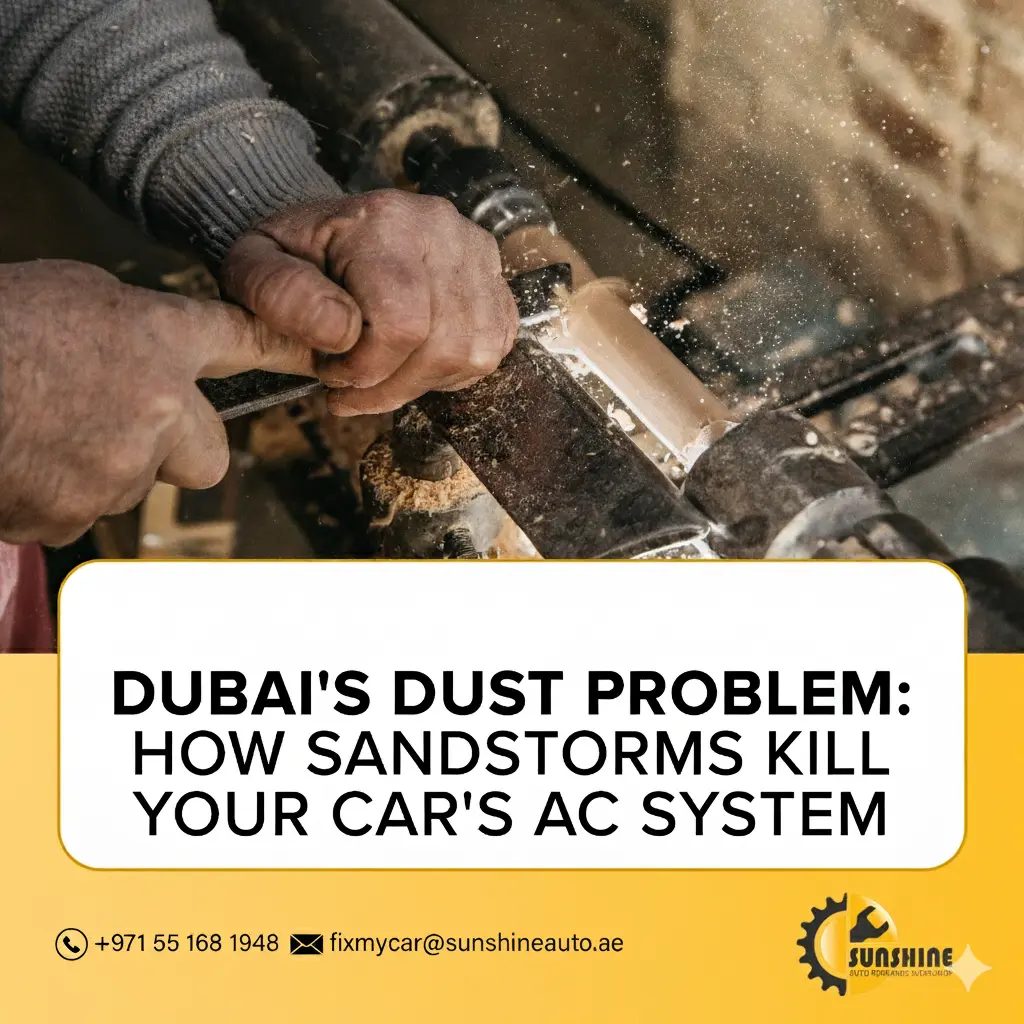 Car driving through a sandstorm in Dubai
