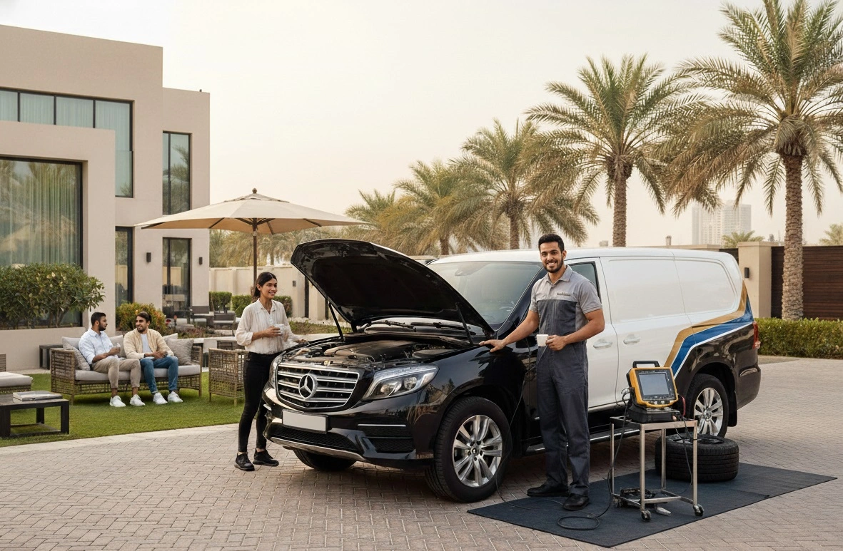 Mobile mechanic servicing a car outside a home